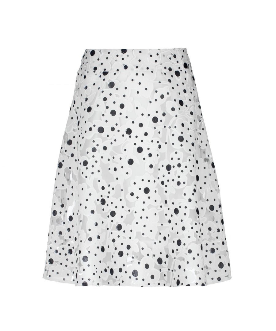 This polka dot cloche skirt is crafted in woven viscose blend fabric.  It has a 5cm waistband in the same fabric. The skirt fastens in the back with a concealed plastic zip. There are 2 welt pockets at the sides which fasten with a concealed zip. This skirt is fully lined in ecru fabric and is knee length. Perfect for work or everyday wear. Pair with a fitted top and mules for a chic finish.