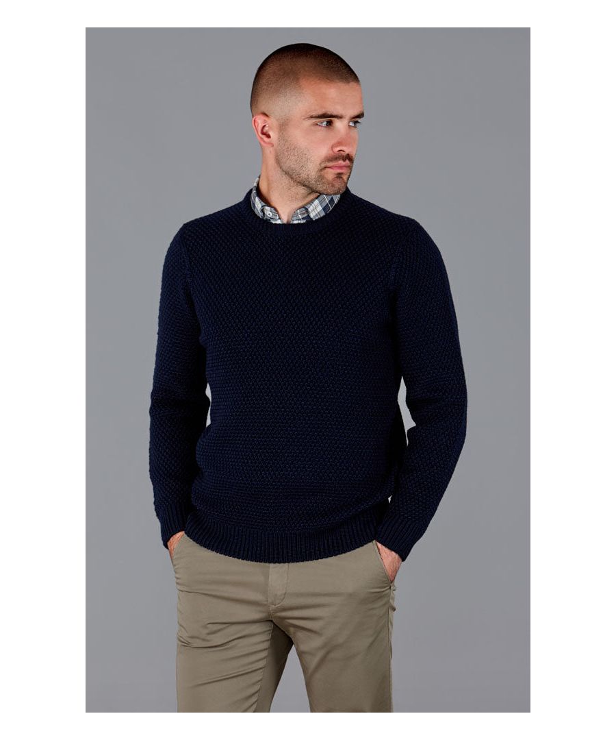 paul james knitwear mens 100% merino moss stitch fisherman jumper in navy wool - size large