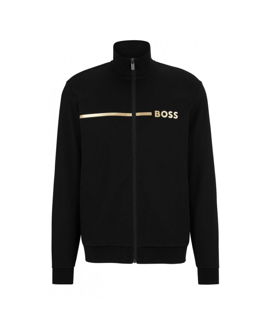 A contemporary loungewear jacket in a regular fit by BOSS Menswear. Featuring a printed stripe and BOSS branding across the chest, this zip-up jacket is crafted in soft piqué rich in breathable cotton. A signature stripe trims the inner collar.\nRegular fitZip neckPockets top: Seam pocket\n70% Cotton, 30% Polyester\n50485947\n 