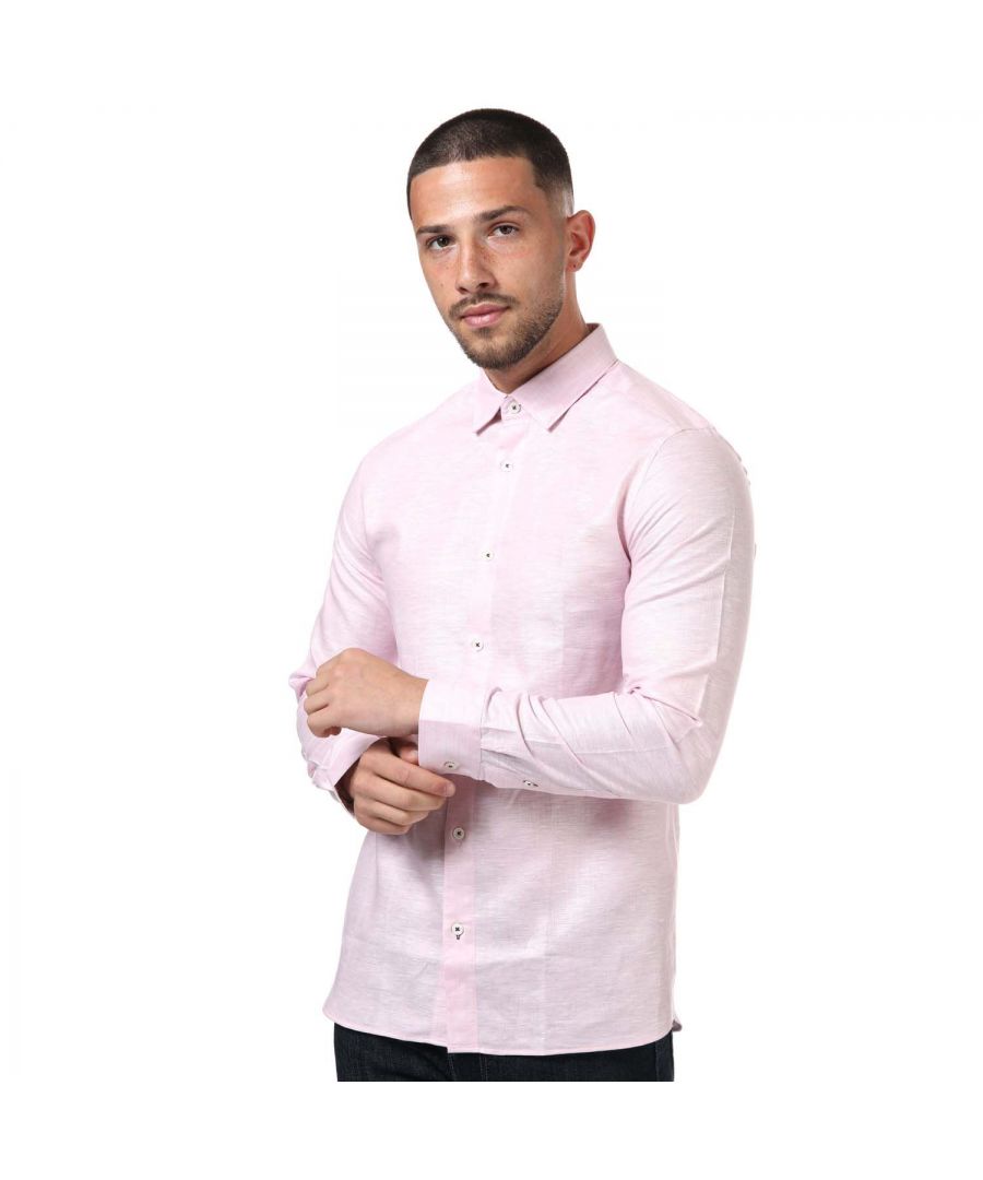 Mens Ted Baker Emmoo Linen Shirt in pink.- Buttoned collar and cuffs.- Long-sleeved.- Full button fastening.- Branded buttons.- Shaped hem.- 55% Lin  45% Cotton. Machine wash at 30 degrees.- Ref: 247919LTPINK
