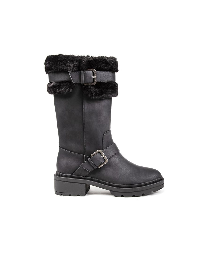 Black Rocket Dog Igloo Zip-up Mid-calf Boots With Synthetic Upper Featuring Double Elasticated Gussets, Full Length Inside Zip, Black Faux Fur Trim, And Double Ankle And Cuff Decorative Branded Buckled Straps. These Warm Lined Boots Have A Branded Block Heel With A Black Synthetic Sole.
