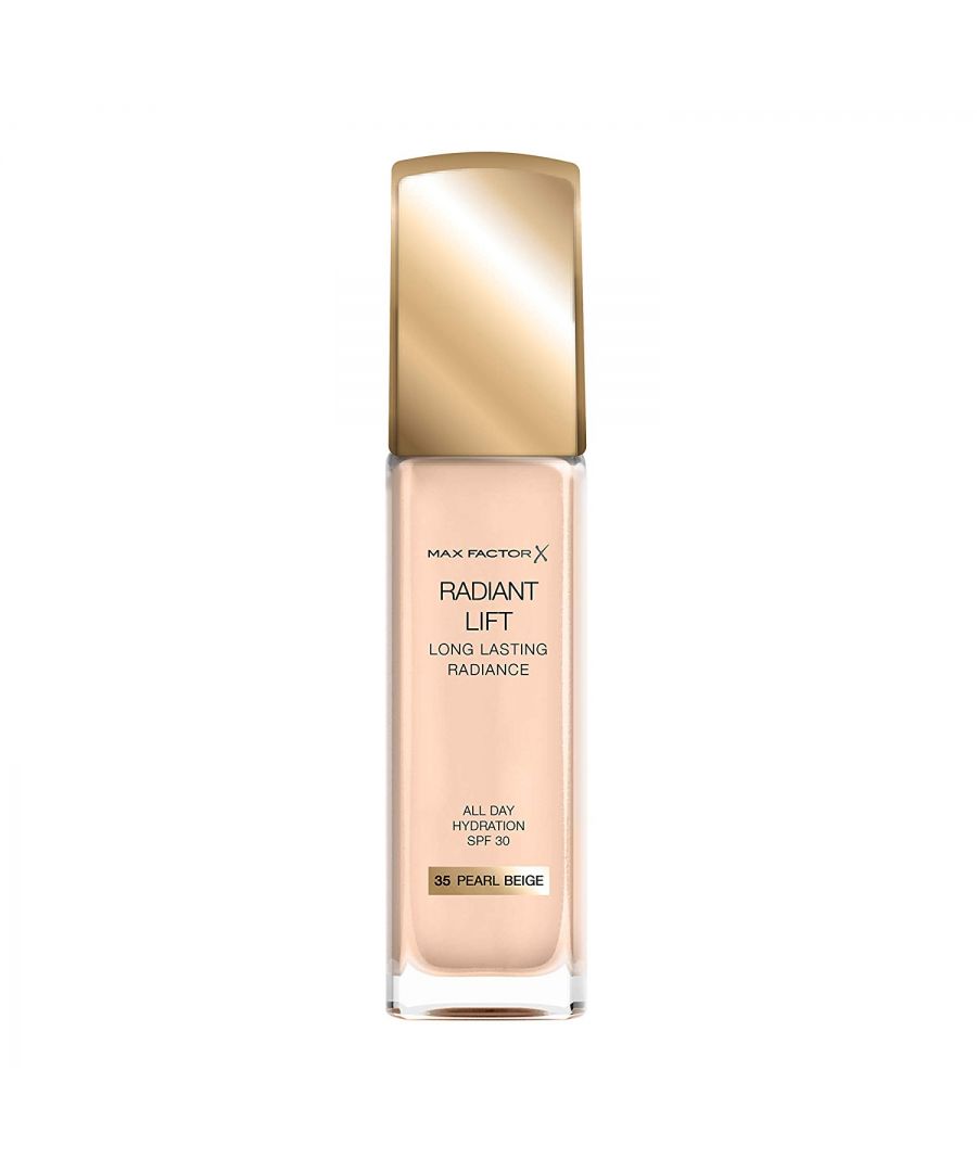 Now you don't have to choose between radiance and long-wear! Max Factor Radiant Lift Foundation refreshes tired-looking skin with a natural, healthy glow that lasts all day. The luxurious oil-free formula is enriched with a hyaluronic acid complex, designed to effectively contribute to hydrating the skin. At the same time, an infusion of skin- smoothing micro-pearls glide on to reduce the appearance of fine lines, while protective SPF 30 helps prevent signs of ageing and damage from UVB rays.