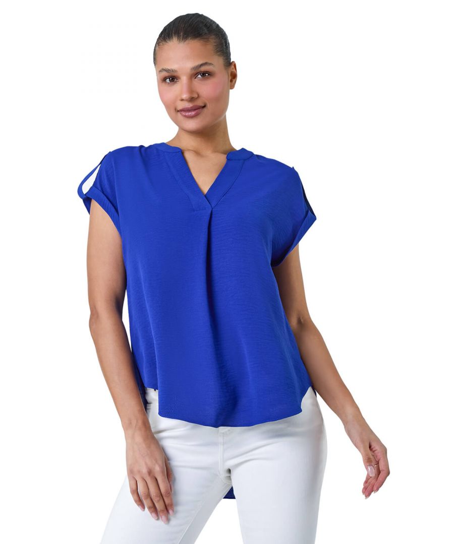 Roman Womens Plain Notch Neck Pleat Front Top - Blue - Size 12 UK