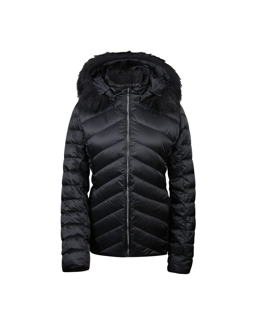 Nevica Chamonix Jacket Ladies - This Nevica Chamonix Jacket is crafted with metal effect zip fastenings and long sleeves with inner cuff for warmth. This full down jacket with angled baffles brings luxury to this ski jacket with its shine look fabric. It features a detachable hood with detachable fur and chic branding to the sleeve. The jacket is complete with ski features that include ski pass pocket, snow skirt.