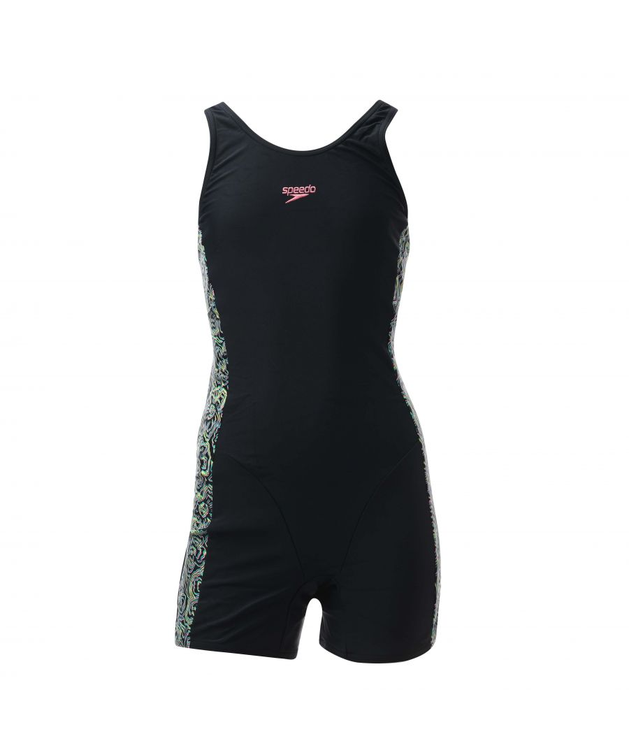 Girls Speedo Printed Leaderback Swim Legsuit in navy.- V-shaped straps.- Leaderback design.- Higher chlorine resistance than standard swimwear fabrics - fits like new for longer with CREORA® HighClo™.- Shape Retention - fabric stretches so you can enjoy your swim without feeling restricted.- Stylish side panel design.- Speedo branding.- Body: 80% Nylon  20% Elastane. Lining: 100% Polyester.- 812393H126Please note that returns will only be accepted if the hygiene label is still attached to the product.