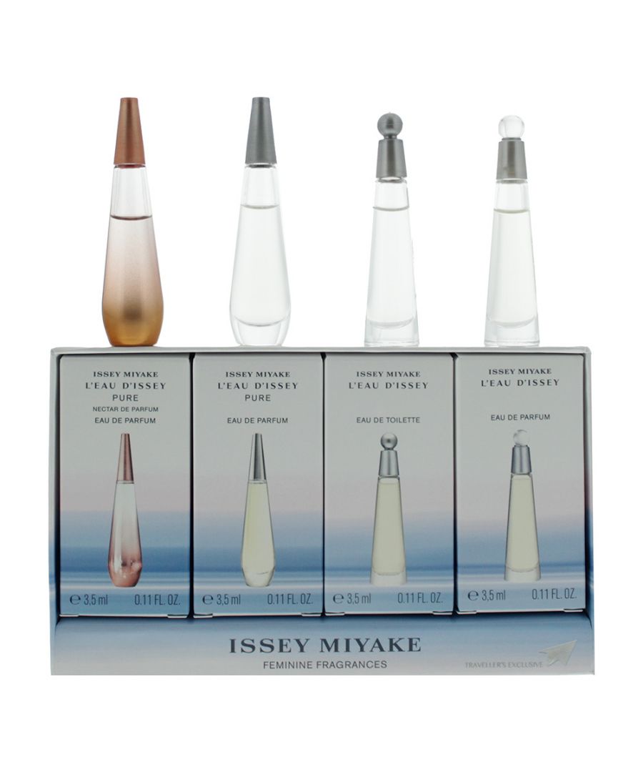 This miniature collection from Issey Miyake includes L'Eau d'Issey Pure Nectar de Parfum Eau de Parfum 3.5ml (a floral fragrance), L'Eau d'Issey Pure Eau de Parfum 3.5ml (a floral aquatic fragrance), L'Eau d'Issey Eau de Toilette 3.5ml (a floral aquatic fragrance), L'Eau d'Issey Eau de Parfum 3.5ml (a floral aquatic fragrance).