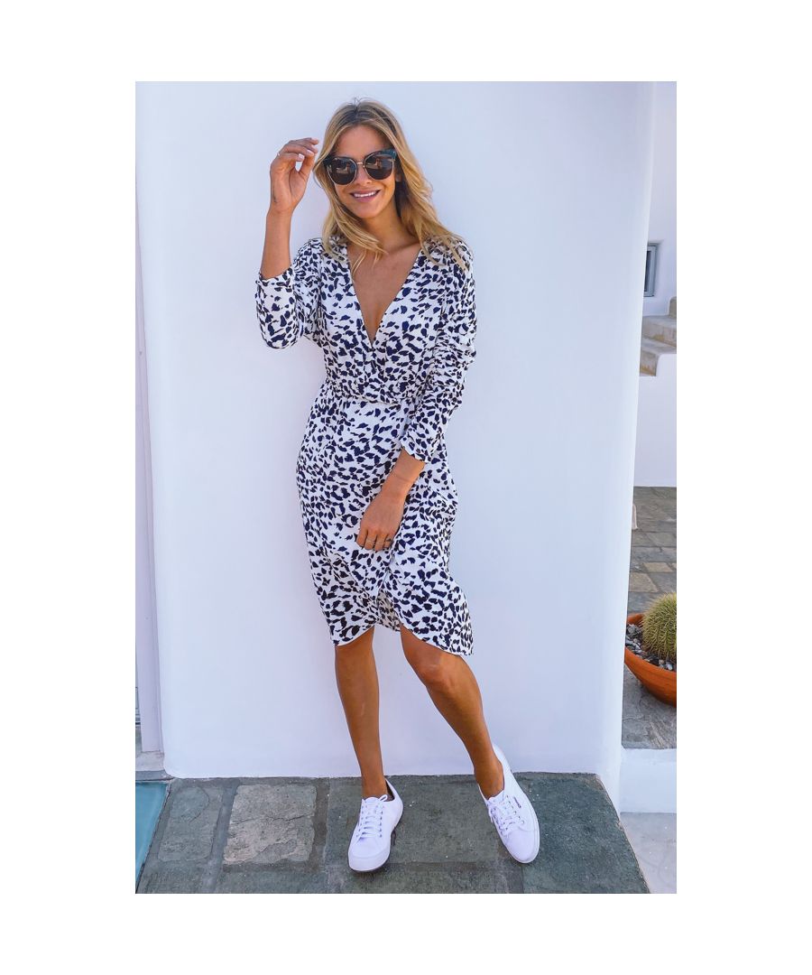 REASONS TO BUY: \n\nIt's an animal print kinda day\nMade-to-flatter faux wrap style\nRuched sleeve detail\nSexy V-neck suits big and small boobs\nAdd a belt to accentuate your waist\nThrow on a white trainers and you're good to go