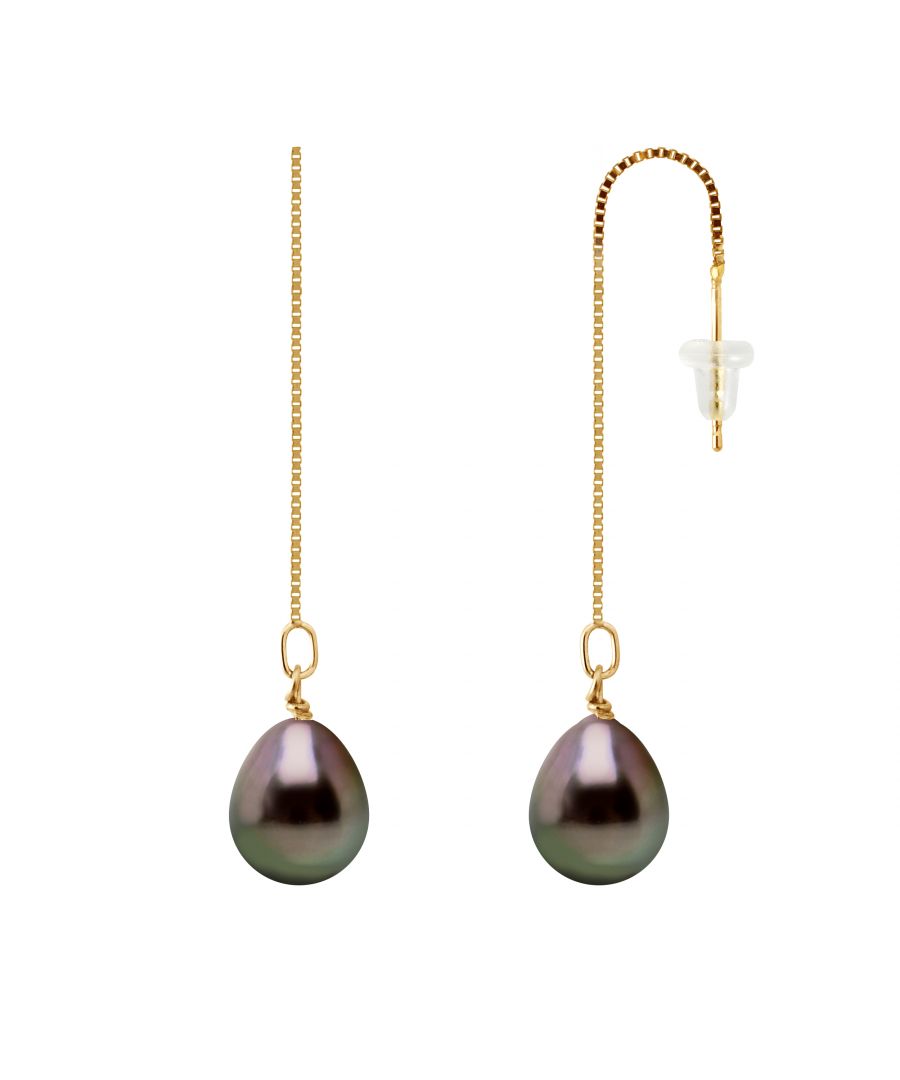 Earrings of dangling Cultured Tahitian Pear Shape 8-9 mm , 0,31 in Push System silicon Venitian Style chain Gold - Our jewellery is made in France and will be delivered in a gift box accompanied by a Certificate of Authenticity and International Warranty