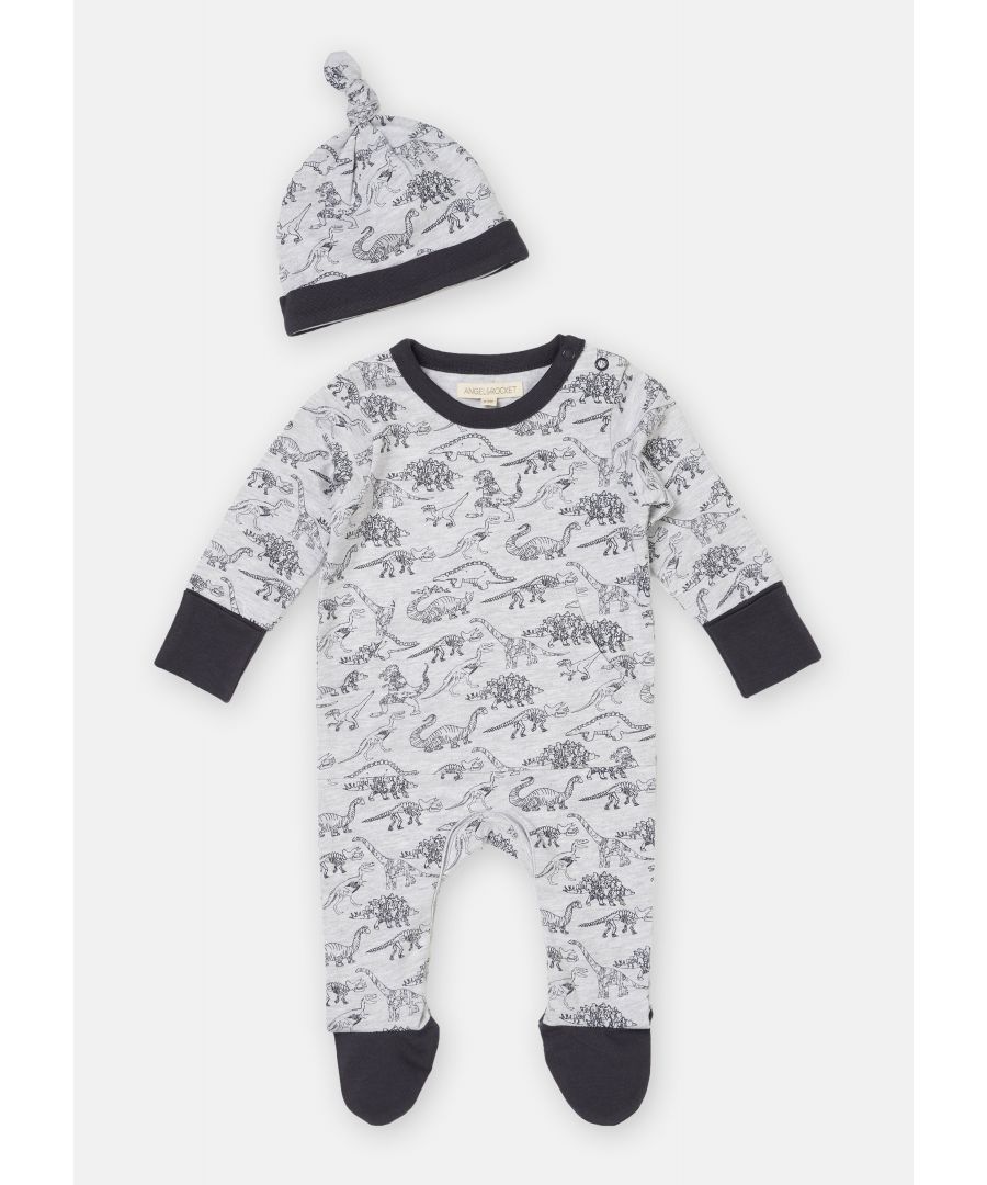 Cool all over dino print onesie. In grey marl with matching top knot hat. Made in super soft cotton jersey with popper leg opening for easy fuss free dressing and logo print on the feet.   Angel & Rocket cares – made with fairtrade cotton     Colour: Grey Marl   About me: 100% cotton.   Look after me – Think planet  wash at 30c.