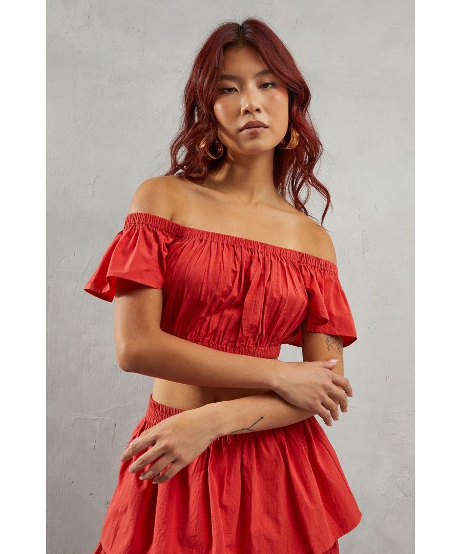 Warehouse Womens Poplin Frill Strap Crop Top Co Ord - Red Cotton - Size 12 UK