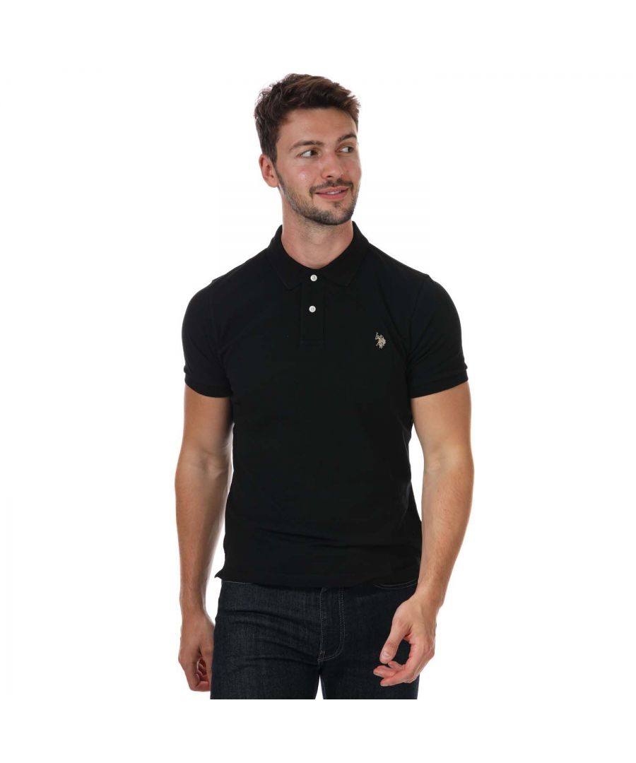 Mens US Polo Assn Pique Polo Shirt in black.- Button down collar.- Short sleeves.- Two button placket.- Featuring the embroidered double horsemen for the USPA stamp of authenticity.- Ribbed cuffs.- 100% Cotton. - Ref: 63515199