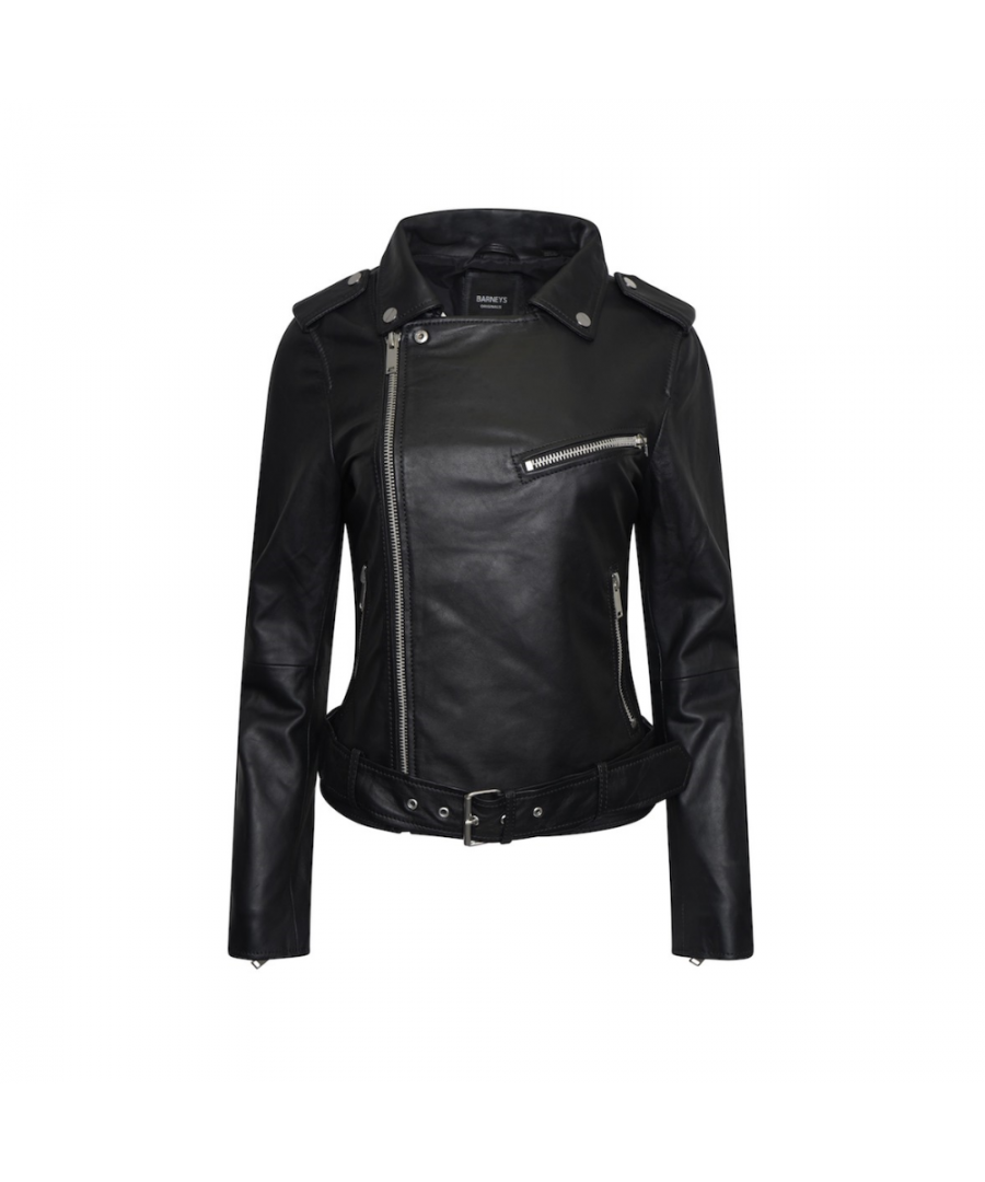 The iconic Barneys Originals 'Emma' leather biker jacket is back - now in petite sizing. This 100% real leather biker is made from super soft sheep leather. Lightweight and long lasting, this belted biker jacket is a wardrobe essential. With an asymmetric zipline and silver coloured hardwear, this classic biker jacket is sure to seemlessly pair with any of your go-to outfits.