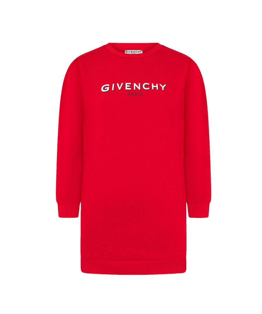This is our red Givenshy t-shirt dress, fabricated from cotton featuring jersey knit, logo print at the chest, round neck and long sleeves.\nProduct Description:\n* Cotton \n* Red t-shirt dress\n* Jersey knit\n* Logo print at the chest\n* Round neck\n* Long sleeves