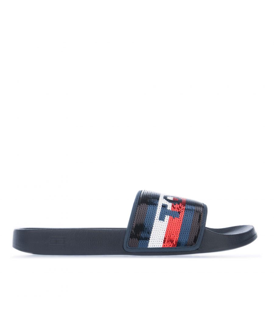Womens Tommy Hilfiger Sequins Pool Slide Sandals in navy.- Synthetic upper.- Slip on fastening.- Iconic shine red - white & blue sequin design. - Anatomically contoured durable navy blue footbed with neoprene padded lining. - Synthetic upper  Textile lining  Synthetic sole.- Ref: FW0FW04802DW5