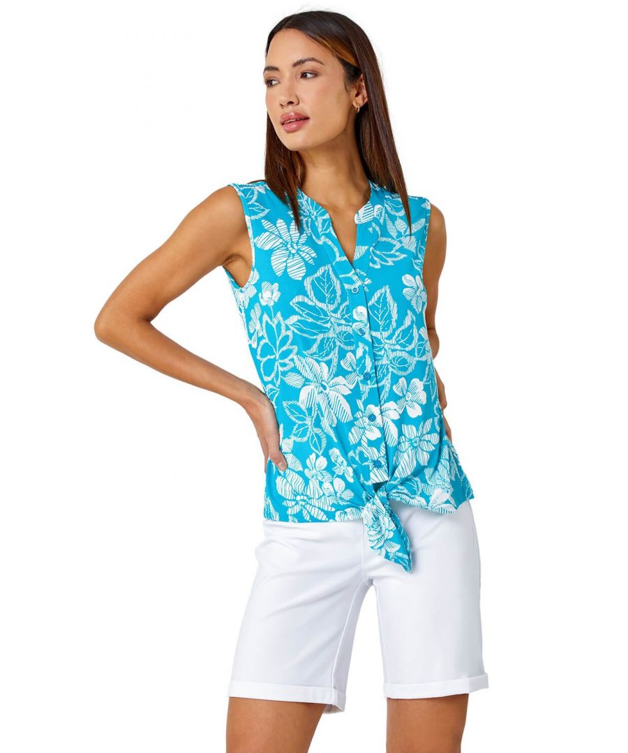 Roman Womens Sleeveless Floral Tie Front Stretch Top - Turquoise - Size 16 UK