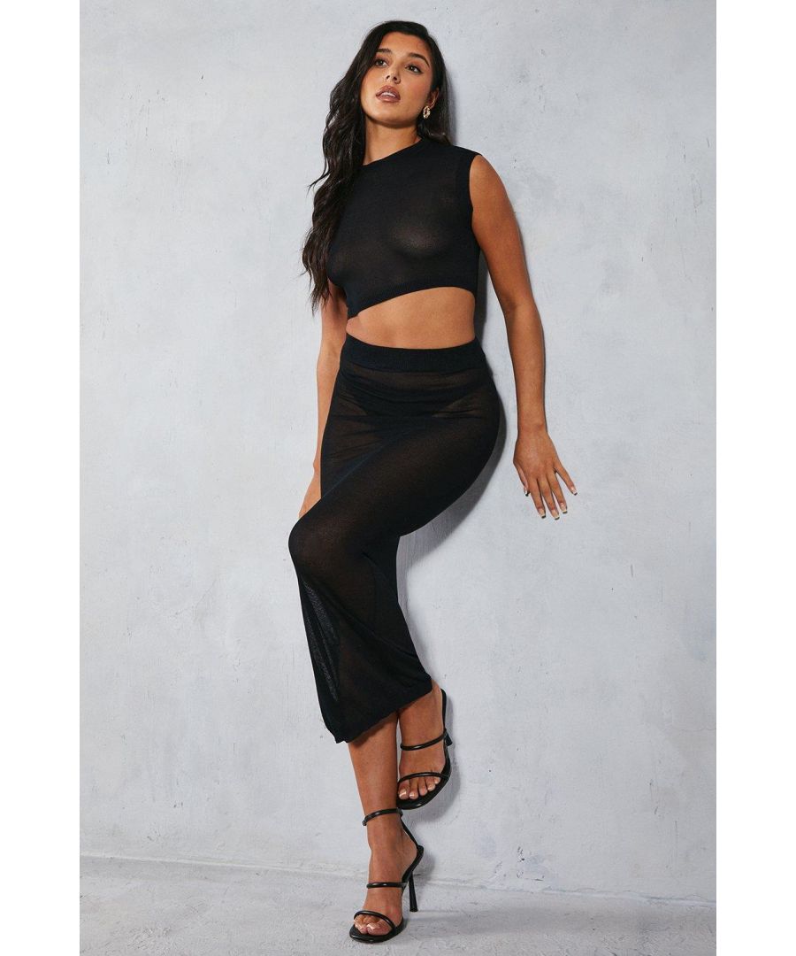 Misspap Womens Sheer Knit High Neck Top & Maxi Skirt Co-Ord - Black Viscose - Size Large