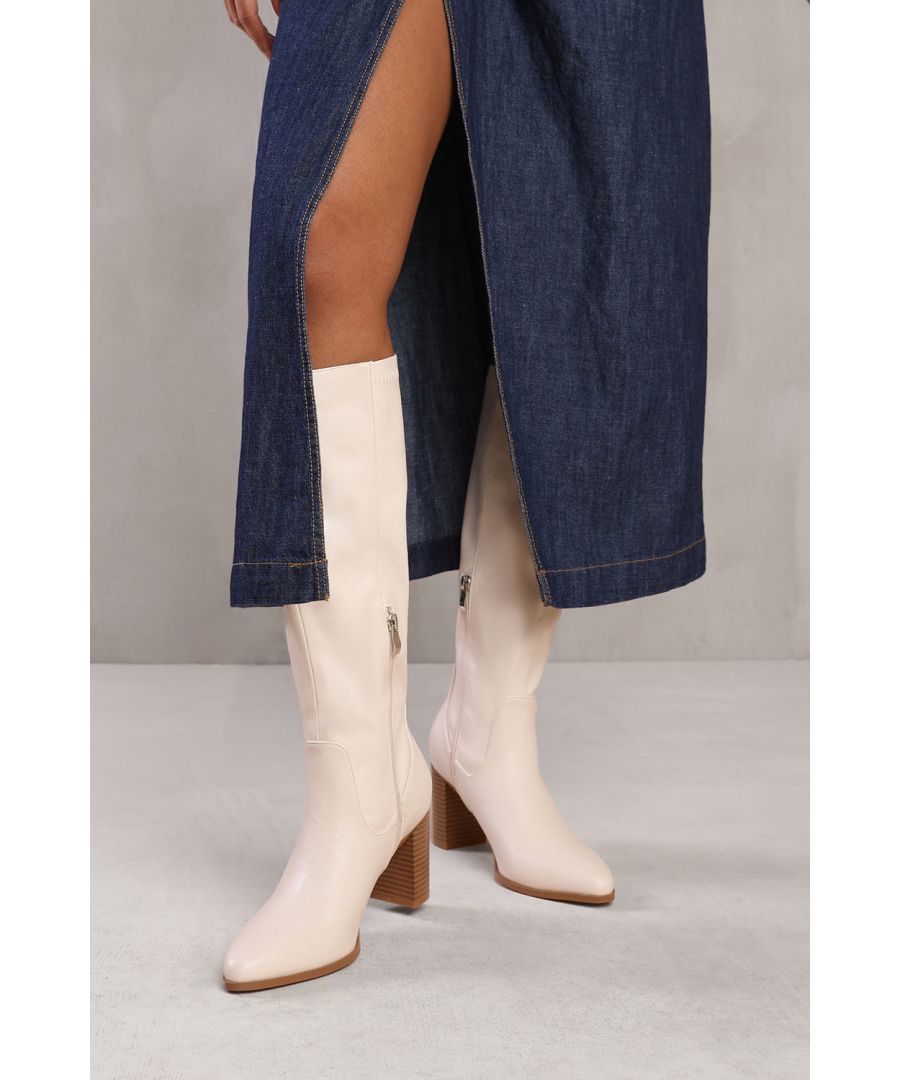 Where's That From Womens 'Alpha' Block Heel Knee High Boots With Stitch Detail - Cream - Size Uk 3