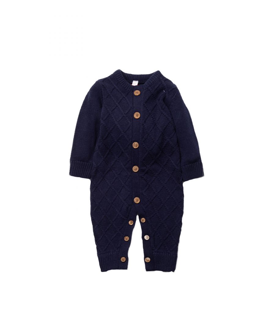 This adorable Rockabye Baby Boutique knitted one-piece features a lovely navy knitted romper with brown button detailing. The set is cotton, keeping your little one comfortable! This set would make a lovely gift to keep the little one in your life cosy this winter!