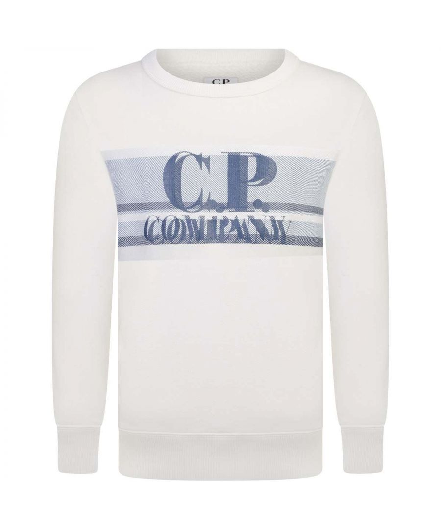 Ivory sweater by C.P. Company with a ribbed neck, cuffs and hemline and the logo banner across the chest.