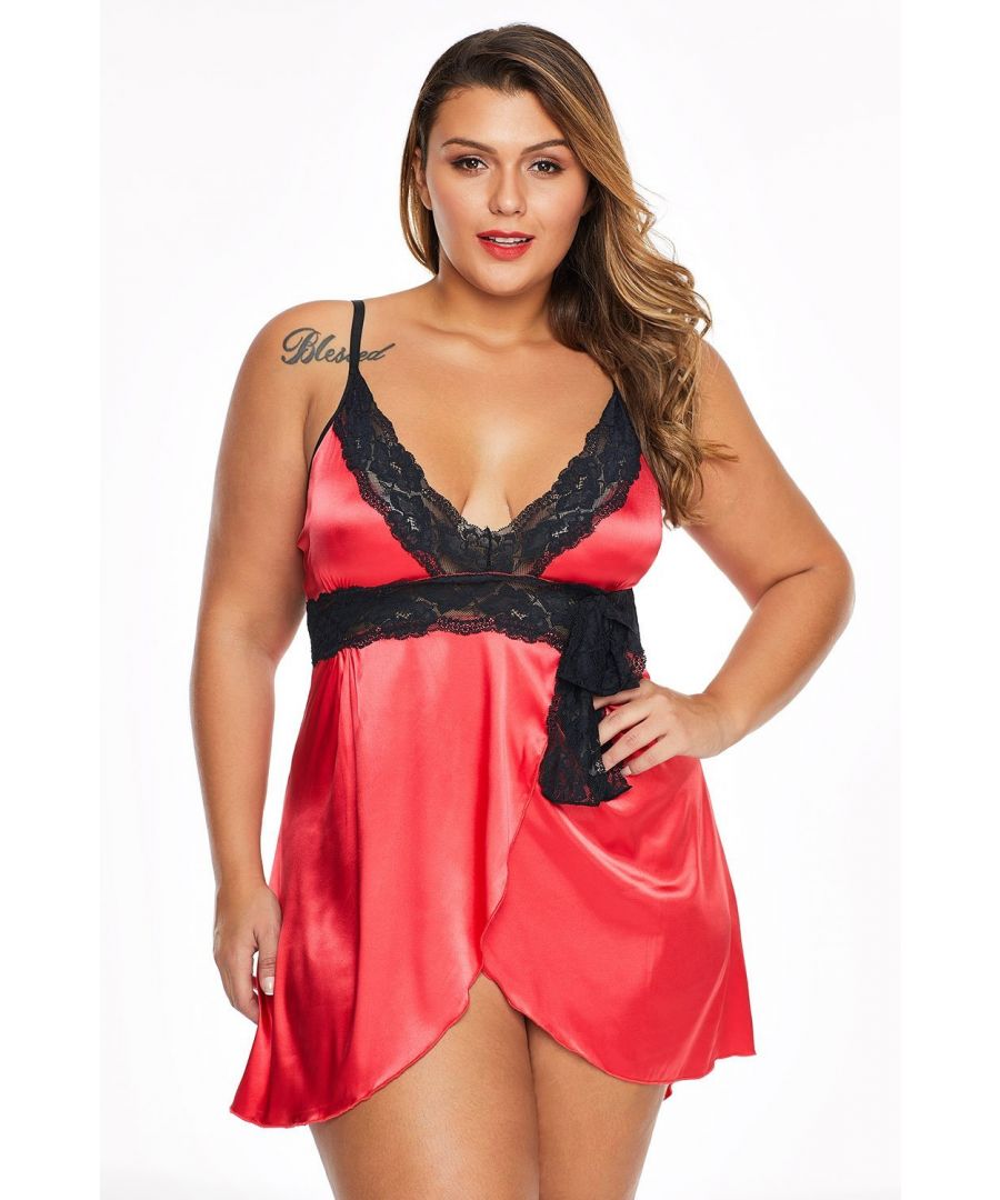 Spaghetti straps, lace v neck and underbust with knot Wrap skirt with front slit and asymmetric hemline Hot selling with matching thong included Different colors and sizes wholesale available Azura Exchange plus size clothing with stylish styles and attractive prices.