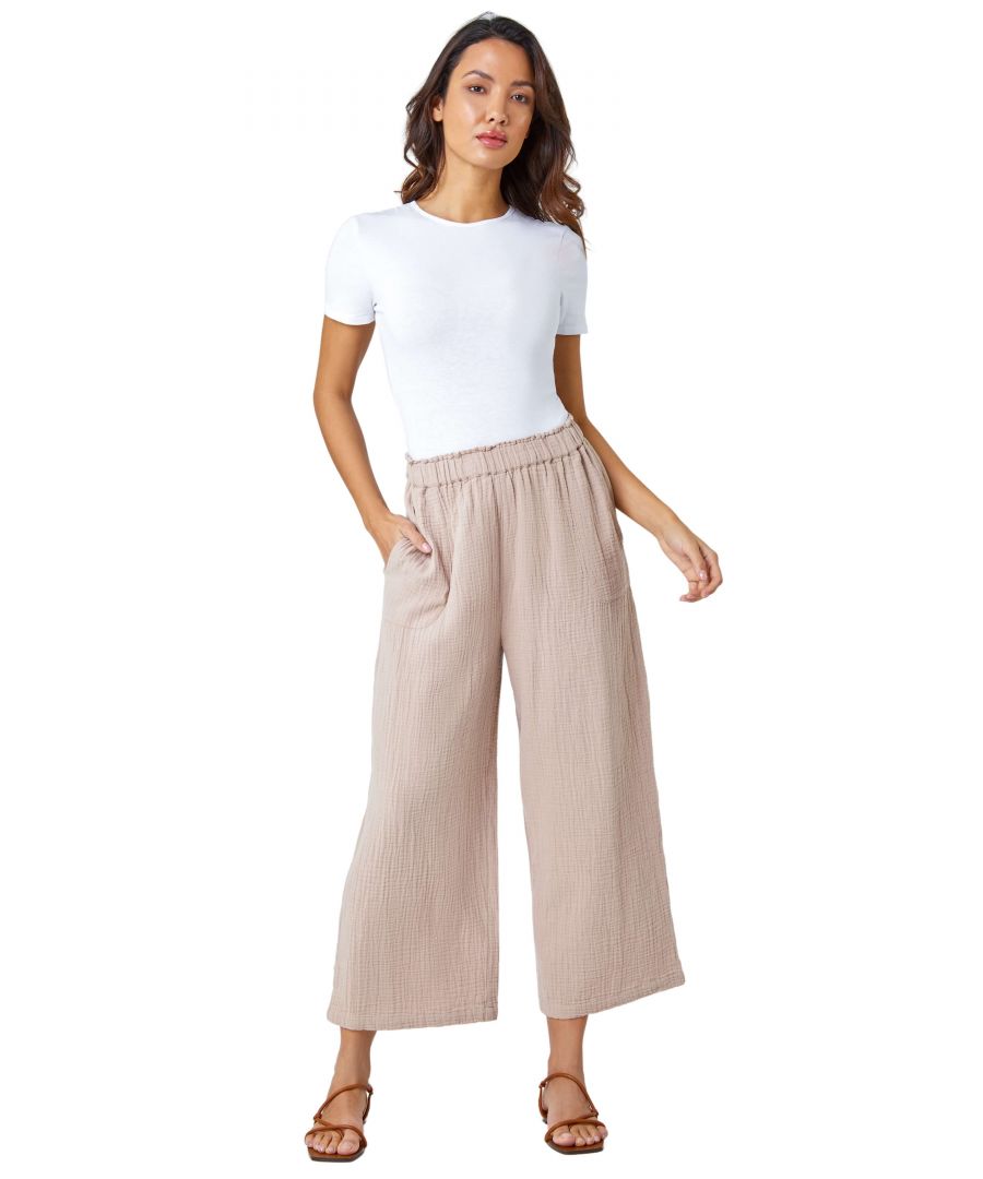 Roman Womens Textured Cotton Elastic Waist Culotte Trousers - Beige - Size 18 UK