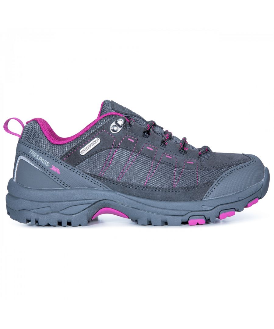 Ladies technical walking shoes. Waterproof and breathable. Lace up build. Gusseted tongue. Protective toe guard. Cushioned midsole. Arch stabilising steel shank. Cushioned and contoured footbed. Upper: 40% Suede/30% PU/30% Mesh, Lining: 100% Textile, Insole: 100% EVA, Midsole: 100% Moulded EVA, Outsole: 100% Rubber.