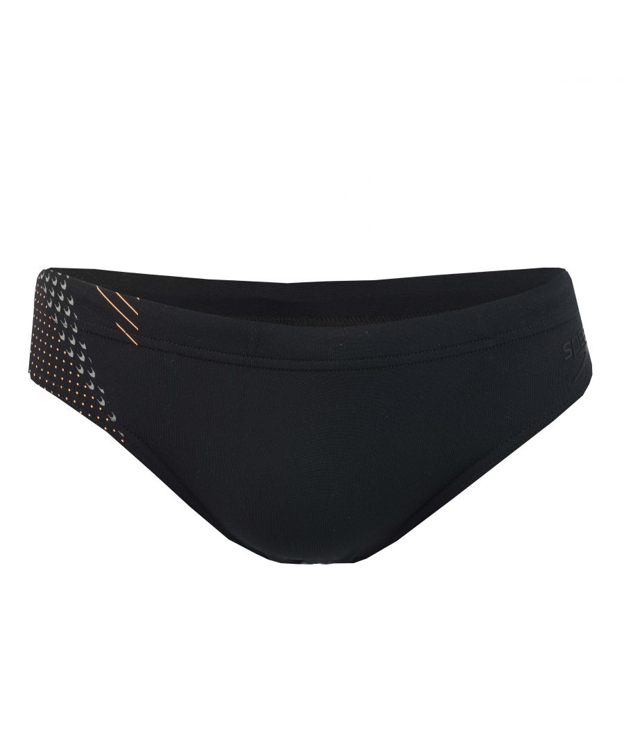 Mens Speedo Tech Panel 7 cm Swim Brief in black.- Inner drawstring waist.- Quick dry - Dries faster after your swim workout.- 100% chlorine resistant  Endurance+ fabric.- Iconic Speedo branding.- Body: 53% Polyester  47% PBT Polyester. Lining: 100% Polyester.  Machine washable.- Ref: 809739H054