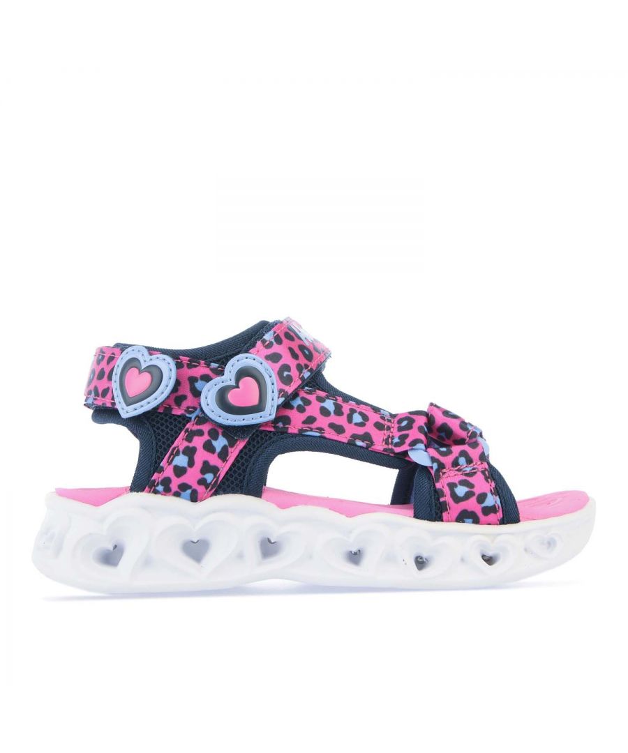 Children Girls Skechers Heart Light Sandals in pink.- Soft woven satiny finish fabric upper with colorful leopard print design.- Adjustable hook and loop closures at front  instep and heel straps.- Sporty river-style strappy light-up sandal design with adjustable closures.- Stitching accents.- Soft fabric contrast colored edging trim and heart detail on straps.- Heart accent strap ends at instep and heel panel.- Heart Lights logo on instep strap.- Soft fabric strap lining.- Cushioned and contoured footbed with embossed design.- Layered shock absorbing midsole.- Sculpted midsole cutout heart shaped side pods with fun lights.- Colored lights alternating in midsole.- Lights in midsole blink and chase with every step.- Flexible traction outsole.- Ref: 302090LHPBL