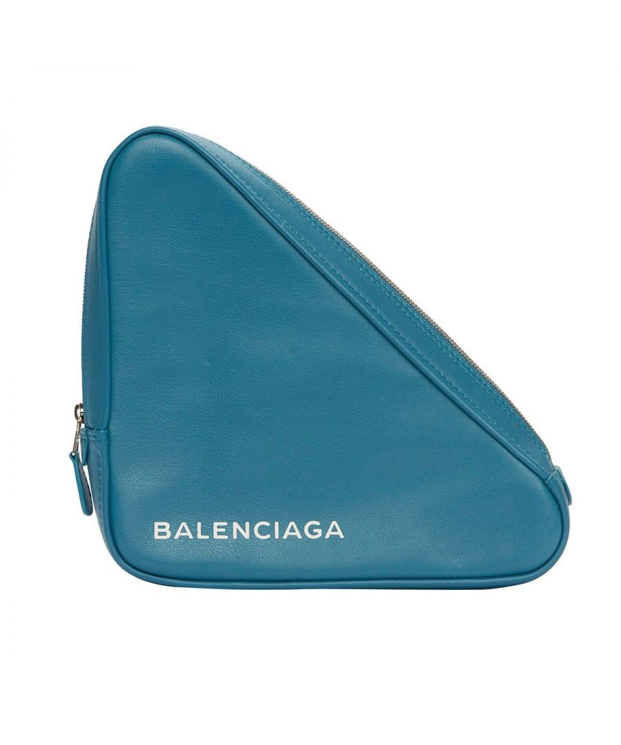 VINTAGE, RRP AS NEW\nBalenciaga reimagines pouch bags in a distinctly chic manner with this trendy Leather Printed Triangle Pouch. The bag features a triangular shape, a zip closure, and the brand logo stylishly inscribed at the front. Despite its size, this Balenciaga pouch can easily carry all your essentials.\nBalenciaga Leather Printed Triangle Pouch\nColor: blue\nMaterial: Leather\nCondition: excellent\nSize: One Size\nSign of wear: No\nSKU: 149958 / 290321-005014 / 290321-005014 \nDimensions:  Length: 210 mm, Width: 50 mm, Height: 210 mm
