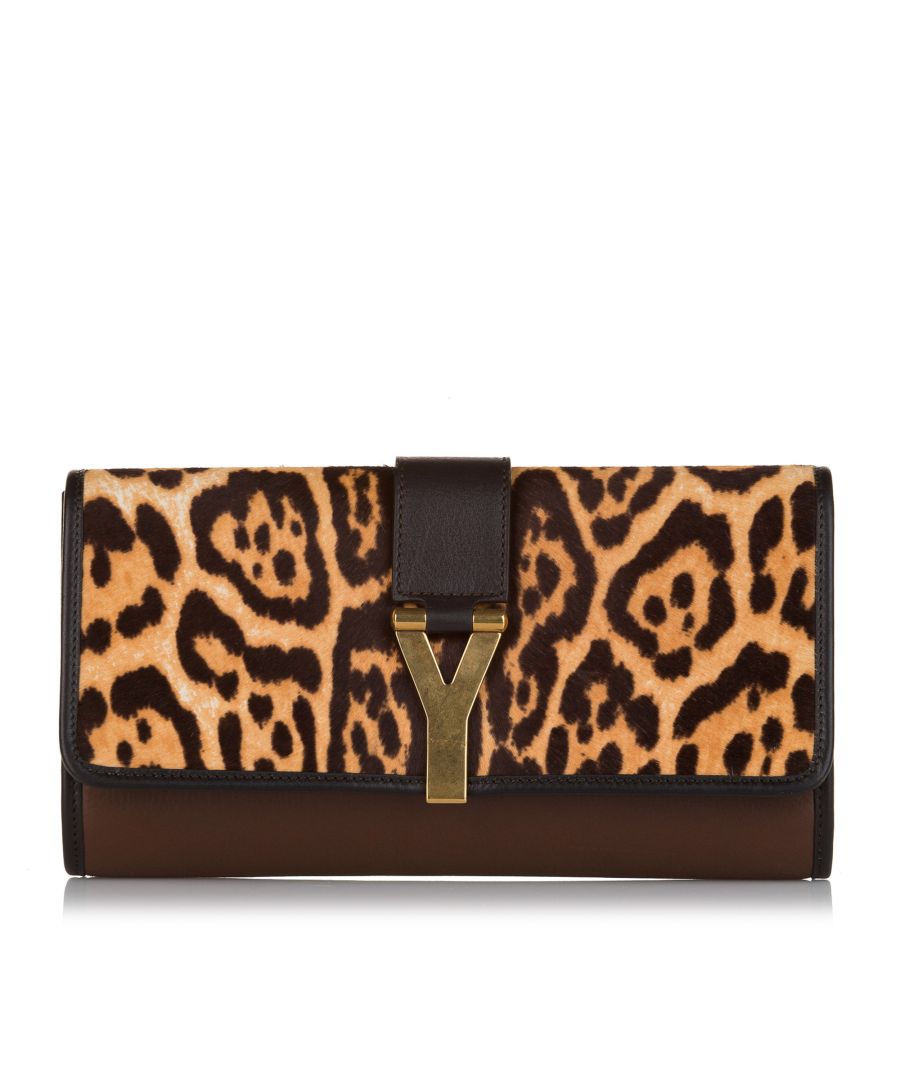 VINTAGE. RRP AS NEW. The Chyc Ligne Clutch features a pony hair body with leather trim, a front flap with gold-tone Y hardware, and an interior slip pocket.Exterior Front Scratched. Interior Lining Worn. Lock Scratched. Embellishment Scratched. \n\nDimensions:\nLength 16cm\nWidth 28cm\nDepth 3cm\n\nOriginal Accessories: Authenticity Card\n\nColor: Brown x Black\nMaterial: Natural Material x Pony Hair x Leather x Calf\nCountry of Origin: France\nBoutique Reference: SSU170084K1342\n\n\nProduct Rating: GoodCondition\n\nCertificate of Authenticity is available upon request with no extra fee required. Please contact our customer service team.