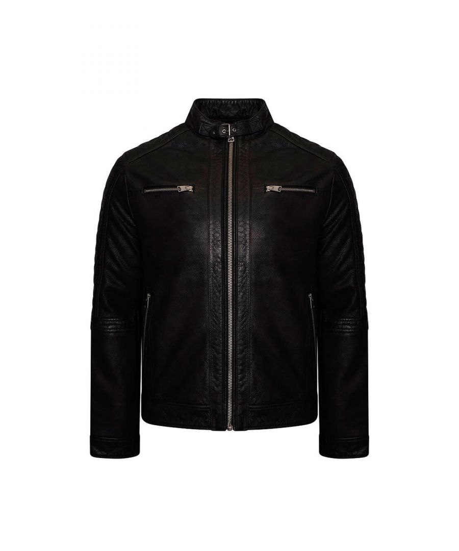 Hardy, matte finish, long-lasting. We love buffalo leather. Not many materials measure up against this super soft yet durable leather. Take a close look at this Barneys Originals racer jacket made from 100% real buffalo leather with a quilted polyester lining.