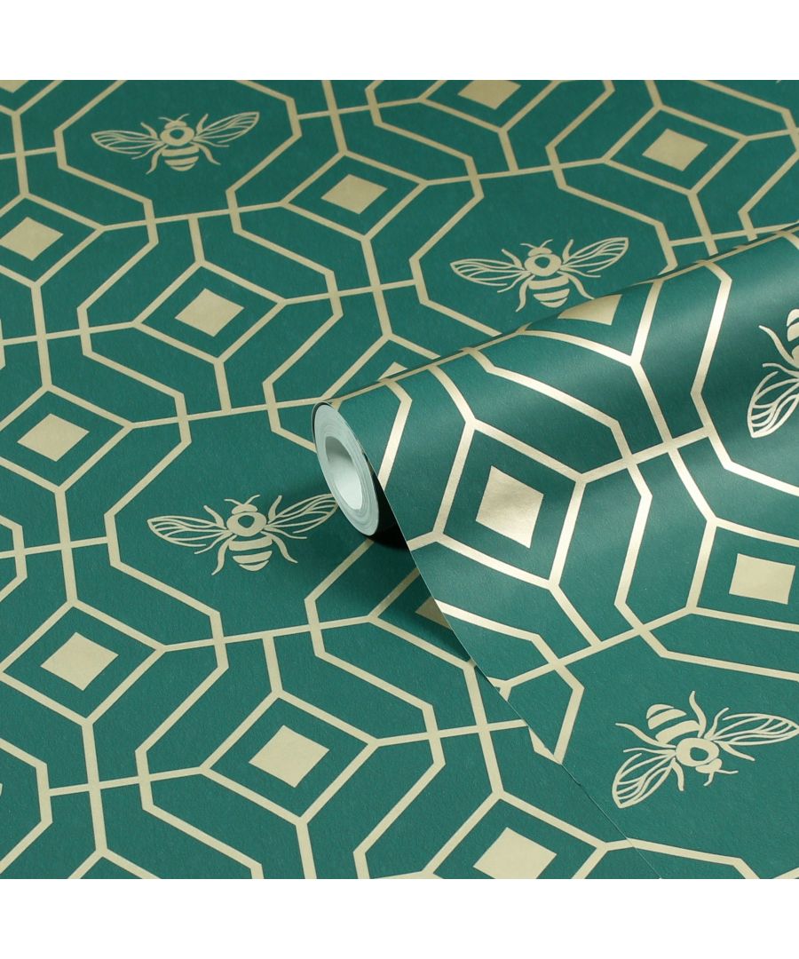 Make your boudoir buzz with the Bee Deco wallpaper featuring a honeycomb inspired geometric design completed with buzzing bumble bees. A rich emerald green hue sits behind metallic gold foil, bringing a contemporary and moody colour scheme into your home. This wallpaper is a paste the wall application; simply paste the wall, hang your paper, and leave to dry. Each roll is 10m long and 52cm wide. Pattern repeat: 53cm Straight match. Our Bee Deco wallpaper can be used to paper the whole room or to create an eye-catching feature wall. This wallpaper is also wipeable so that any light marks can be dabbed away.