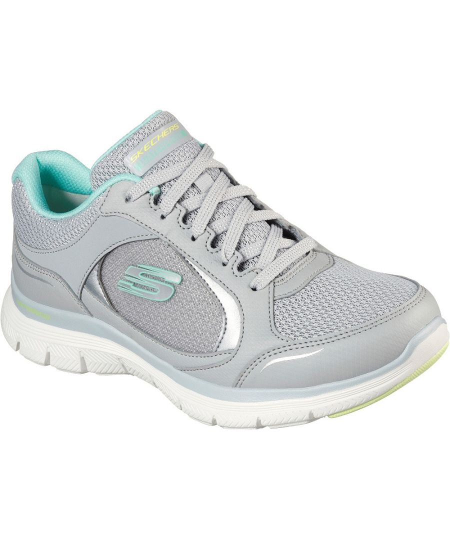 Take on the day with supportive comfort wearing the Skechers Flex Appeal 4.0 - True Clarity shoe. This athletic lace-up sneaker features a leather and synthetic mesh knit upper with a cushioned Air-Cooled Memory Foam comfort insole.\n- Air-Cooled Memory Foam cushioned comfort insole\n- Waterproof athletic sporty sneaker design\n- Breathable athletic mesh and synthetic upper in a lace-up front\n- Lightweight shock-absorbing midsole\n- Super flexible traction outsole\n- Skechers logo detail