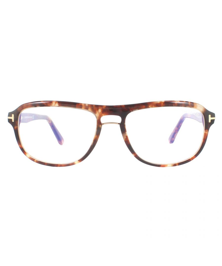 Tom Ford Glasses Frames FT5538-B 054 Havana Men  have a squared aviator shape crafted made from lightweight acetate. They feature a metal bridge and the classic Tom Ford Ts wrapping around the hinges and along the temples. They feature Tom Ford's blue light blocking lenses to help protect your eyes from the blue light from computer and phone screens