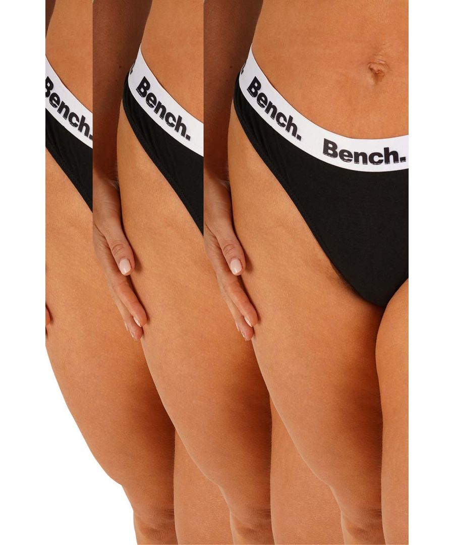 Update your wardrobe essentials with the 3 pack 'Shanice' thongs from Bench. Made from cotton rich fabric for comfortable, all-day wear and feature an elasticated jaquard waistband with the iconic Bench logo print.