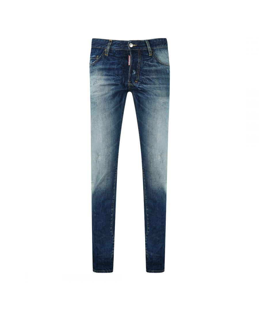 Dsquared2 Worn Effect Dean Jean Style Jeans. Dsquared2 Dean Jean S74LA0672 S30309 470. 100% Cotton, Made In Italy. Button Fly. Slim Fit With A Tapered Leg. Large Branded Badge on Back, Distressed Denim, Fading