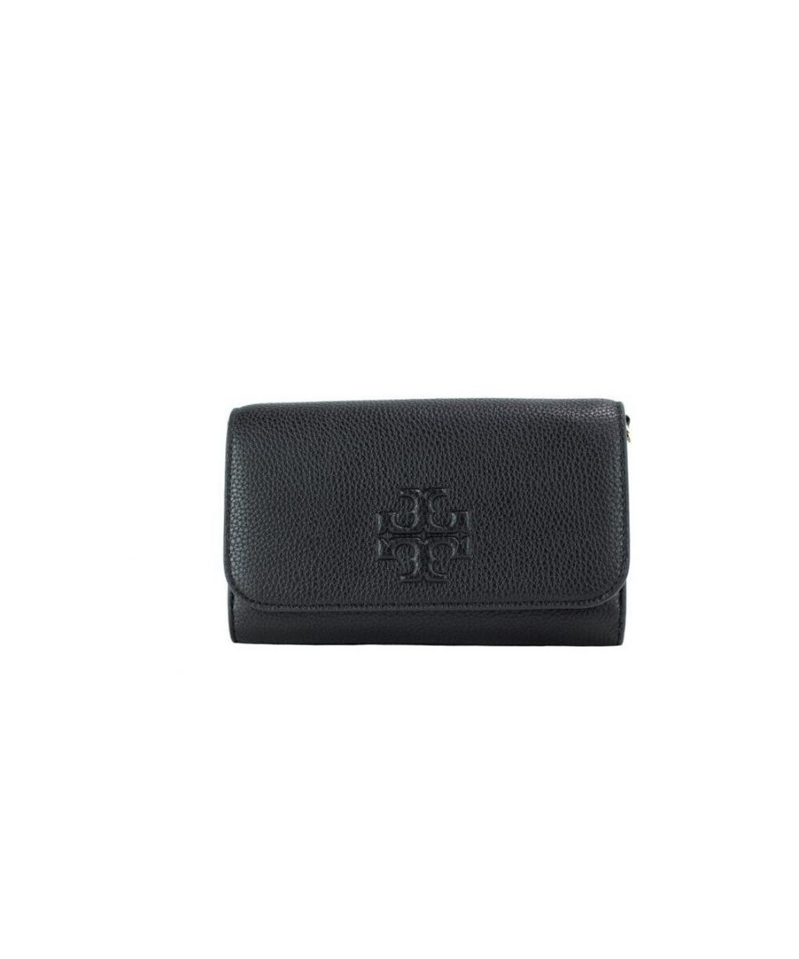 Style: Tory Burch (75029) Thea Small Black Pebble Leather Flat Wallet Crossbody Handbag\nMaterial: Pebbled Leather\nFeatures: Inner Zip and Slip Pockets, 6 Inner Card Slots, Adjustable/Detachable Crossbody Straps, Removable Pouch with 5 Card Slots and Zip Compartment\nMeasures: 20.32 cm W x 13.33 cm H x 3.81 cm D