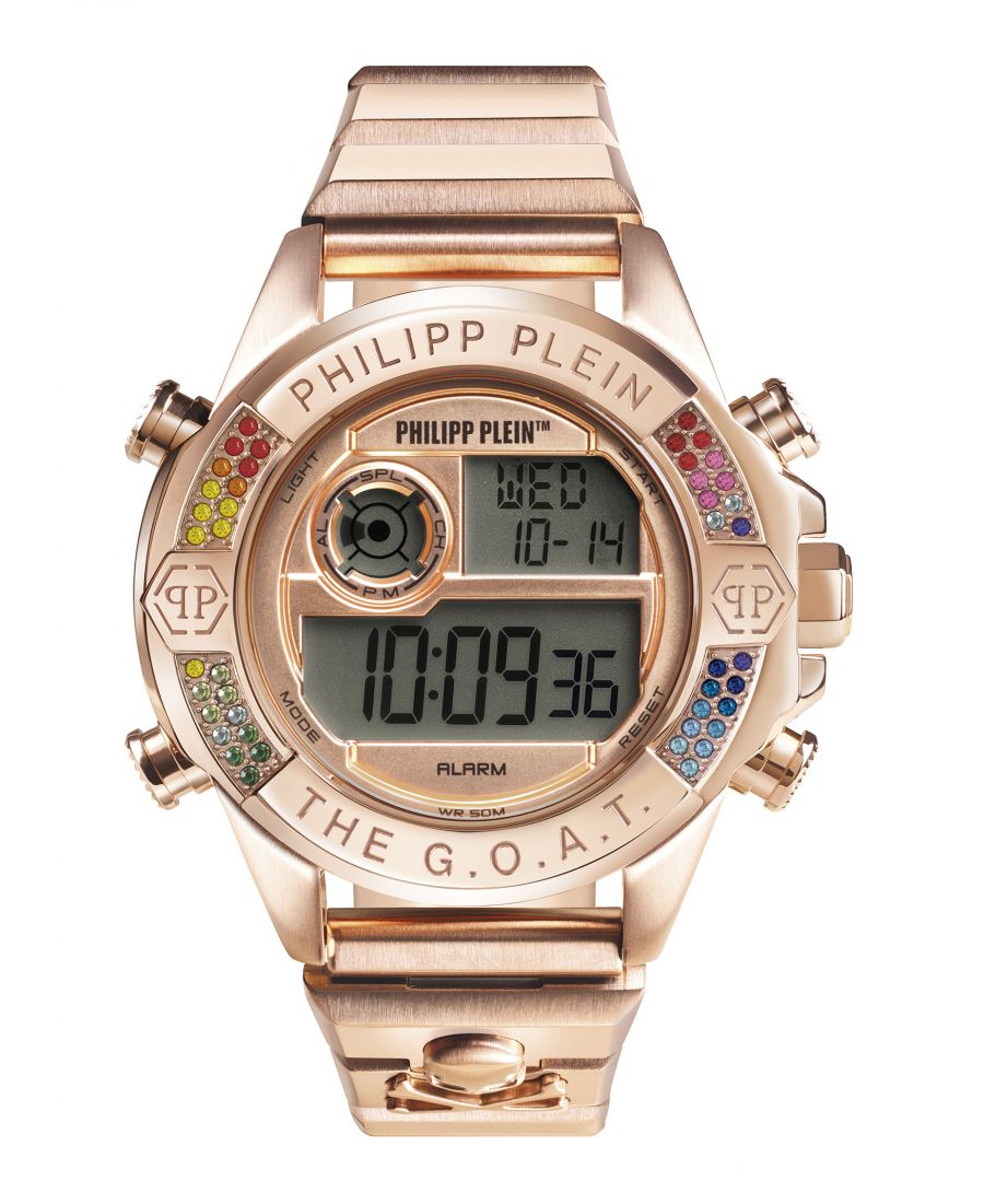 This Philipp Plein The G.o.a.t. Digital Watch for Women is the perfect timepiece to wear or to gift. It's Rose gold 44 mm Round case combined with the comfortable Rose Gold Stainless steel watch band will ensure you enjoy this stunning timepiece without any compromise. Operated by a high quality Quartz movement and water resistant to 5 bars, your watch will keep ticking. The digital movement of this watch immediately confers a hyper sporty, bold, contemporary urban look. -The watch has a calendar function: Day-Date, Stop Watch, Alarm, Light High quality 19 cm length and 22 mm width Rose Gold Stainless steel strap with a Deployment clasp Case diameter: 44 mm,case thickness: 16 mm, case colour: Rose Gold and dial colour: Rose gold