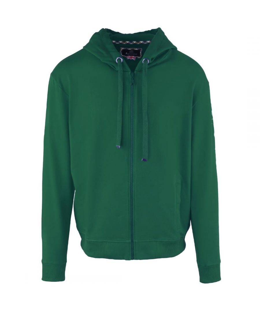 Aquascutum Aldis-logo groene hoodie met rits. Elastische mouwuiteinden en taille, capuchon met trekkoord. Sweatshirt van 100% katoen, grote kangoeroezak. Normale pasvorm, valt normaal qua maat. Stijlcode: FZIA37 32