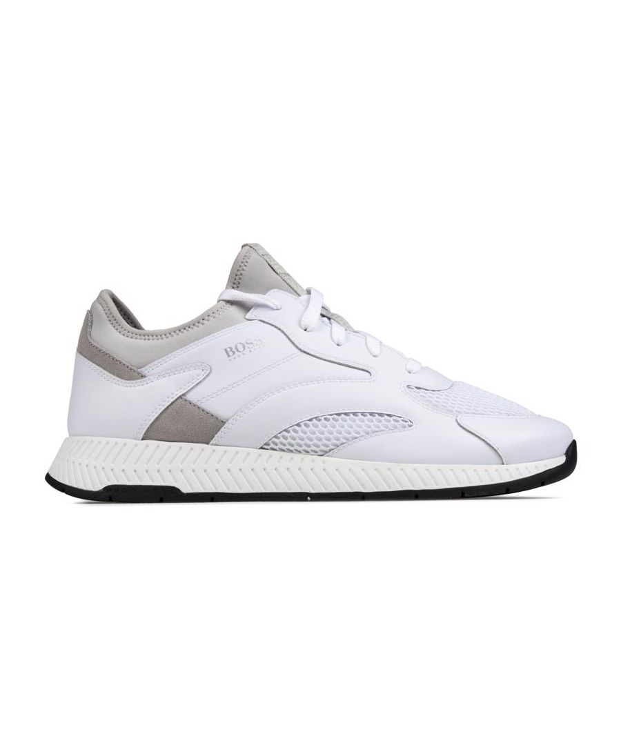 Men's White Boss Titanium Runn Mxme Leather Lace-up Trainers In A Modern Knitted Sock Silhouette With Mesh Breathable Upper Panels And Nylon Lining. These Lightweight Athleisure Sneakers Have Classic Branding On The Side And Tongue, Blind Eyelets, And Chevron Striped Rubber Sole, Giving Them A Sleek Appearance.