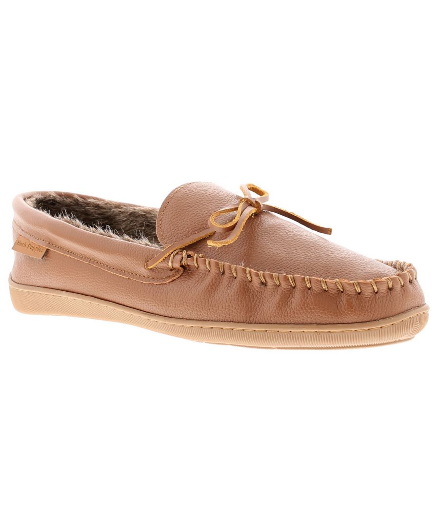 Image for Hush Puppies Ace Mens Moccasin Leather Slippers Faux Fur Lining tan
