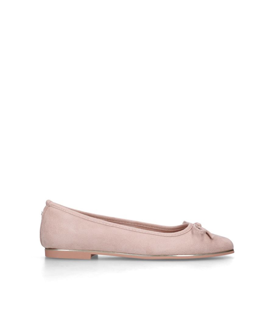 The Lily Ballerina flat shoe features a camel suedette upper with bow detail on the toe. The back of the ankle features a micro gold tone Signature C.