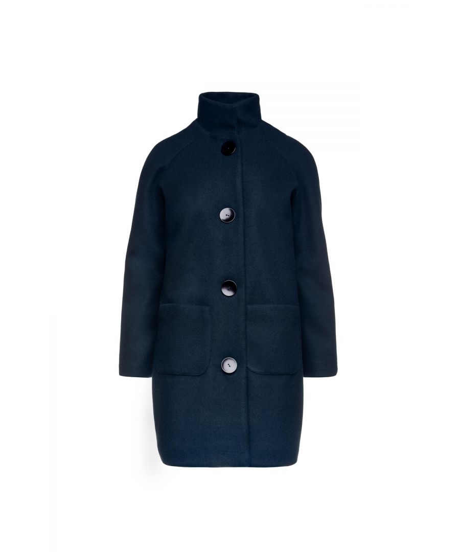 This navy blue  coat is crafted in faux mouflon fabric. It has raglan sleeves and an upright collar. There are two patch pockets in the front. The coat fastens in the front with 4 big black buttons. It has a loose fit silhouette.  Our model is 176cm and is wearing size 36/S. Measurements for size 38/M (in cm): Shoulder -48, Chest-52, Waist-54, Bottom-56, Sleeve Length-52, Body length-92.