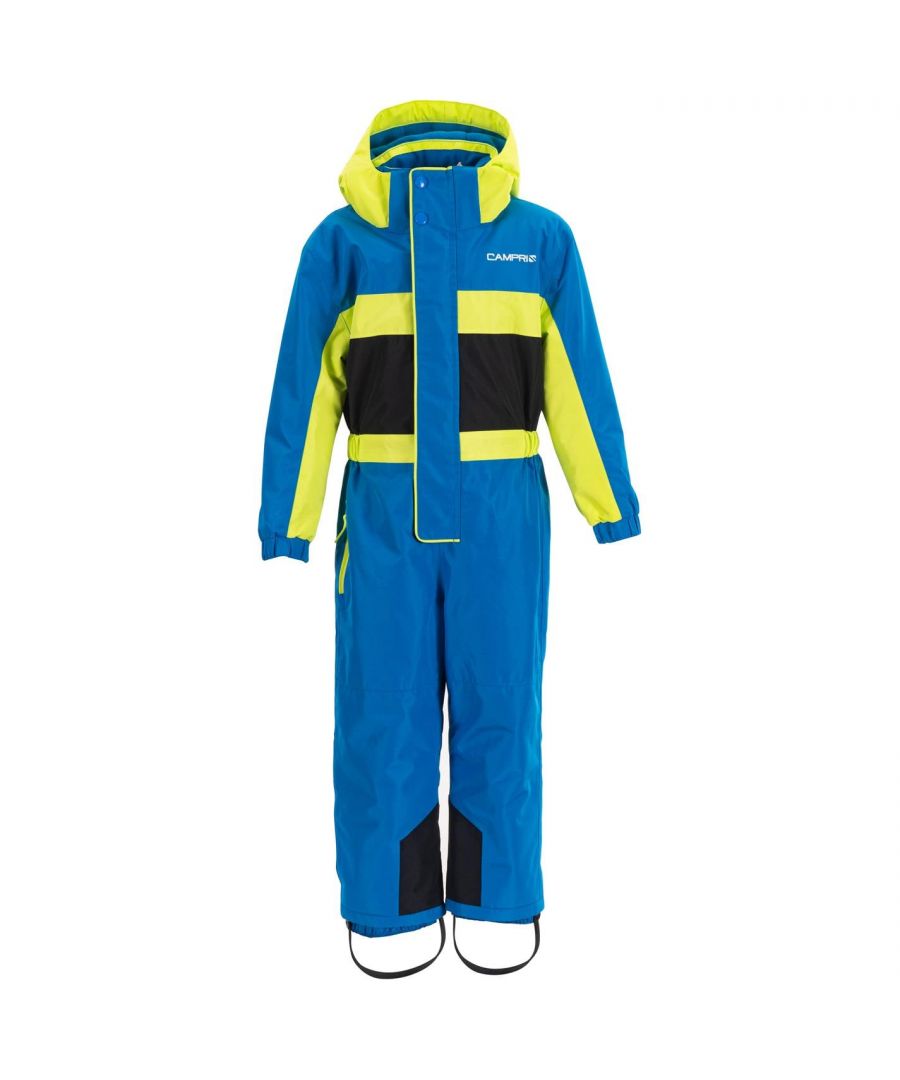 This Campri Ski Suit is crafted with long sleeves and a full zip with touch close and press stud fastening, leading to an elasticated waistband. The ski suit features elasticated cuffs and detachable rubber foot straps. This suit is a block colour design with coloured panels with printed branding to the chest, making it the perfect addition to your child's winter collection.