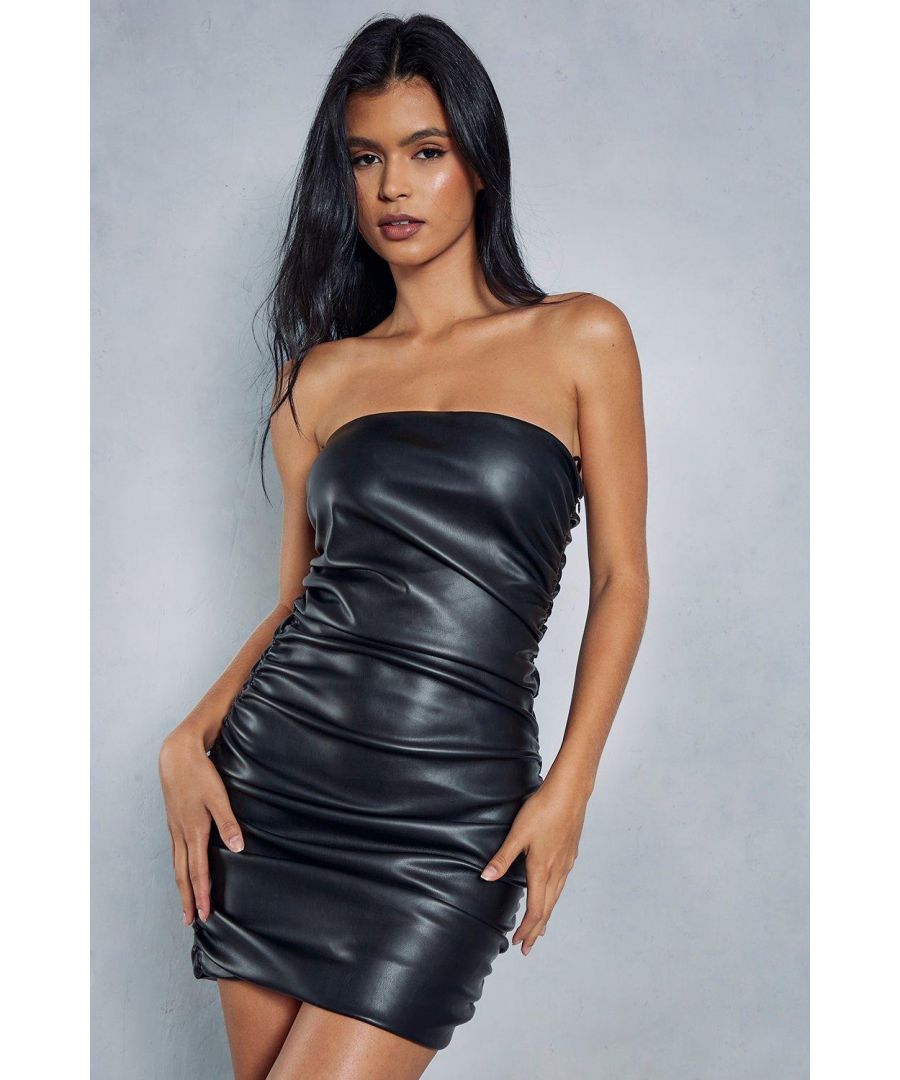Misspap Womens Leather Look Ruched Bandeau Bodycon Mini Dress - Black - Size 8 Uk