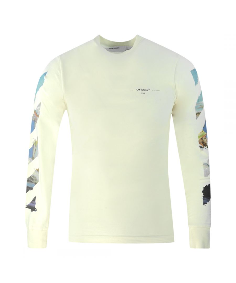 Off-White Diagonal Colour Paint Logo White Long Sleeved T-Shirt. Off-White White T-Shirt. Off-White Logo On Front Chest. Crew Neck, Long Sleeves. 100% Cotton, Made In Portugal. Style Code: OMAB001R191850120288