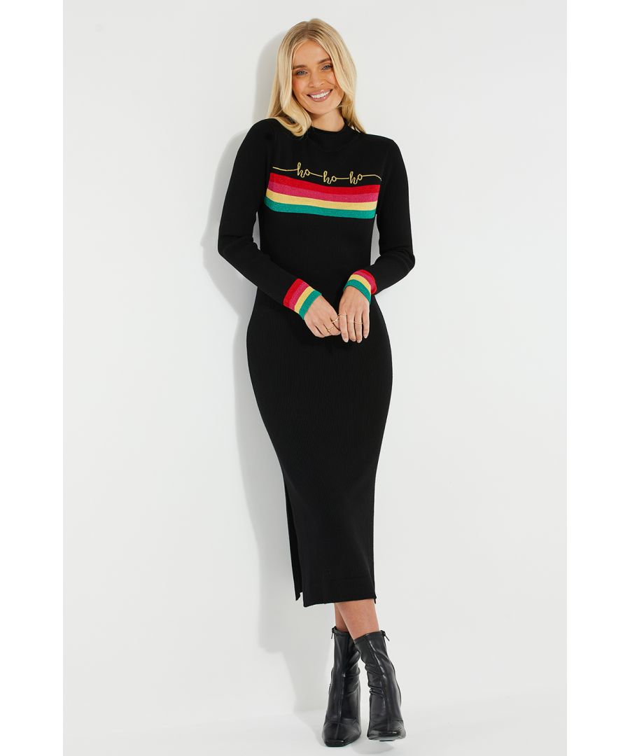 Add some glamour to your Christmas wardrobe with this ribbed dress from Threadbare. The dress features a high neck with a rolled edge, side splits, glitter cuffs and novelty script on the chest. Perfect for the festive party season.