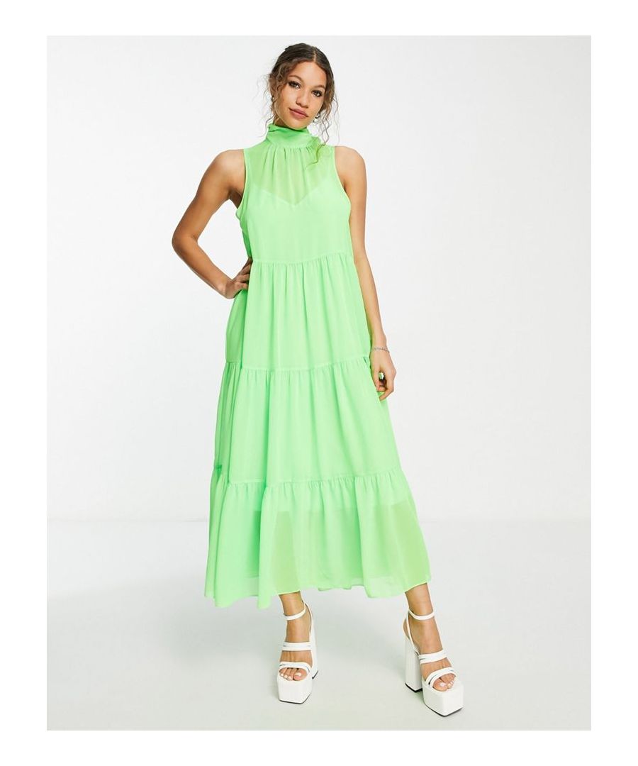 Maxi dress by ASOS DESIGN Love at first scroll Tiered design High neck Sleeveless style Tie back Regular fit Sold by Asos
