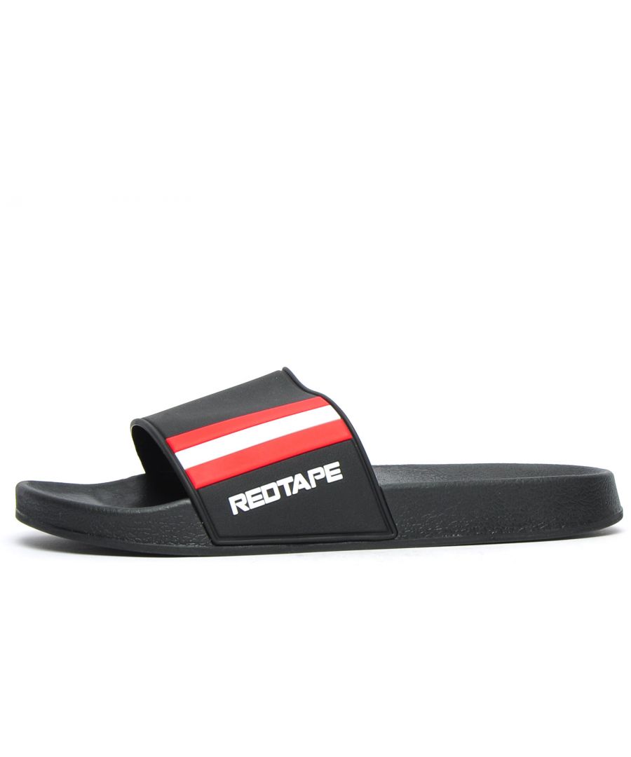 Embrace this Summer season in style with these mens designer sliders from Red Tape\n Featuring a classic slip-on design, boasting a moulded footbed and textured tread for extra grip finished with neat stripe detailing and logo lettering to the one-piece strap for a designer look.\n Whether youre on holiday, round the pool, on the beach or using for downtime wear after a hard day at the gym the Red Tape Sanchez is a great go to option that you shouldnt be without\n \n - Premium Slides\n - Slip on / off design offers effortless wear\n - One-piece bandage style strap offers comfort and support\n - Synthetic construction provides durability\n - Comfort moulded footbed delivers fatigue free wear\n - Red Tape branding\n Please Note: These sandals are supplied Poly Bagged (without box)