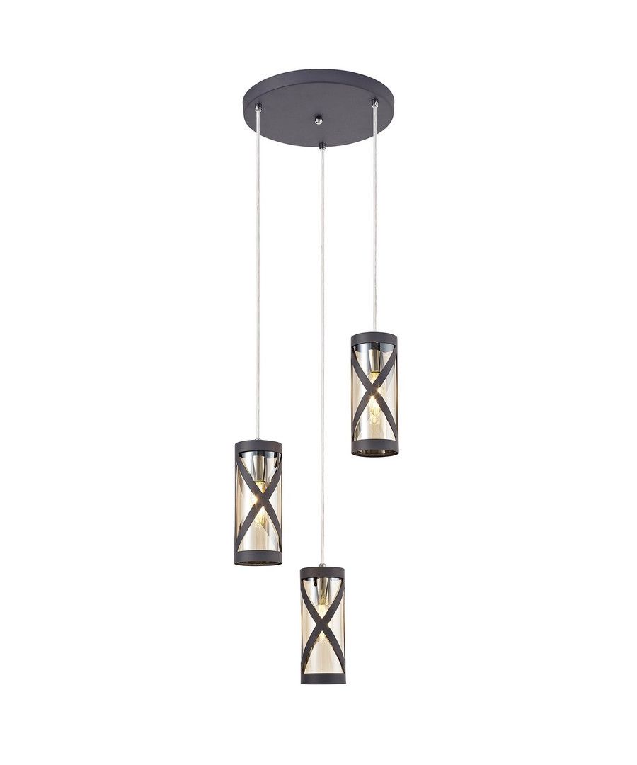 3 Light Round Ceiling Pendant E14, Matt Grey, Polished Chrome, Cognac | Finish: Matt Grey, Polished Chrome | Shade Finish: Cognac | IP Rating: IP20 | Min Height (cm): 25 | Max Height (cm): 125 | Diameter (cm): 32 | No. of Lights: 3 | Lamp Type: E14 | Dimmable: Yes - Dimmable Lamps Required | Wattage (max): 40W | Weight (kg): 1.8kg
